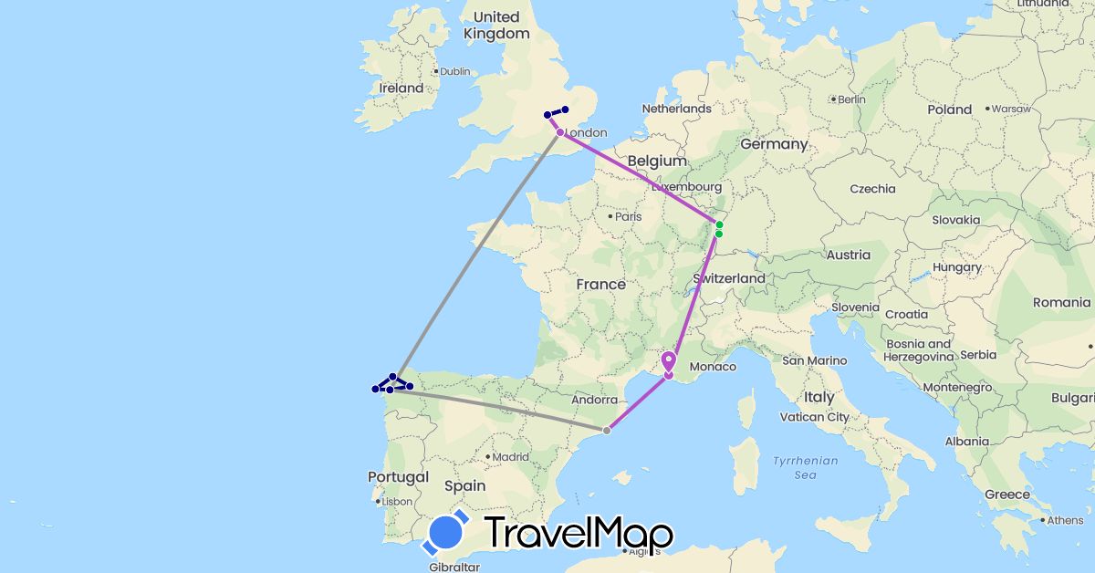 TravelMap itinerary: driving, bus, plane, train in Germany, Spain, France, United Kingdom (Europe)